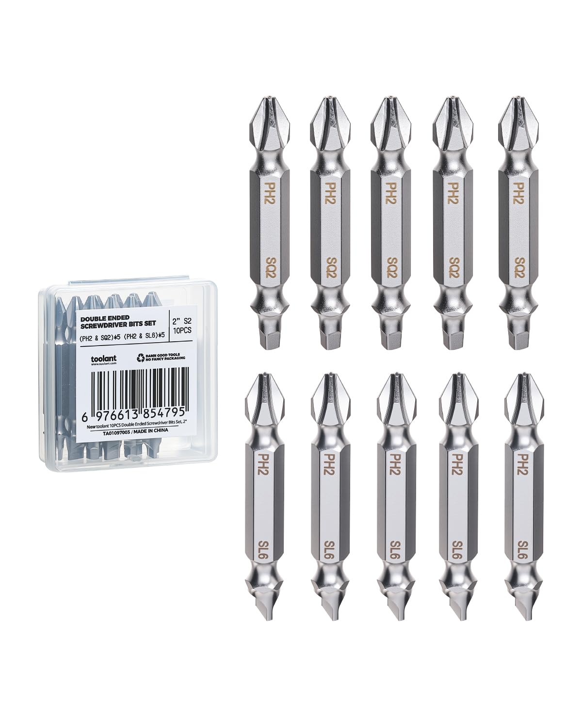toolant Double-Ended Impact Bit Set, PH2/SQ2/SL6, 2 Inch, 10-Piece