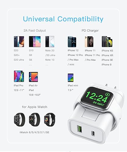 Miniatura 6 de Cargador USB C de 24 W, diseño 3 en 1 con cargador inalámbrico Apple Watch, cargador PD para iPhone, AirPods