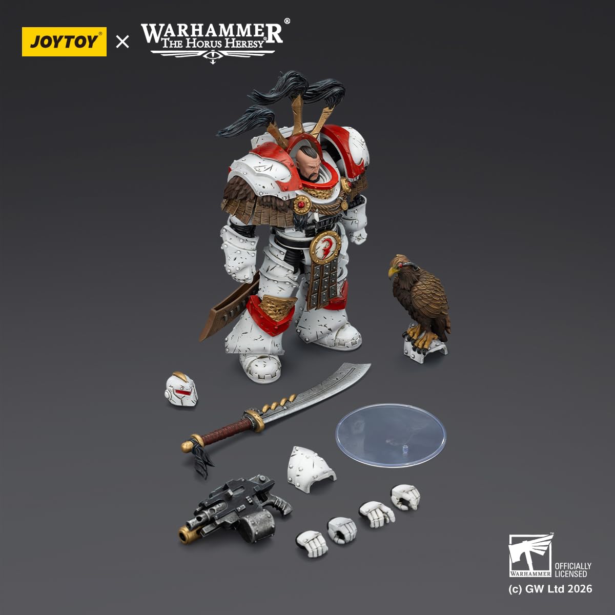 TOYVERSE JOYTOY Warhammer White Scars Praetor in Cataphractii Terminator zbroja z cyber jastrząbem, mieczem chogoriańskim i Combi Melta 1/18 model postaci z ruchomymi przegubami, figurka 15+