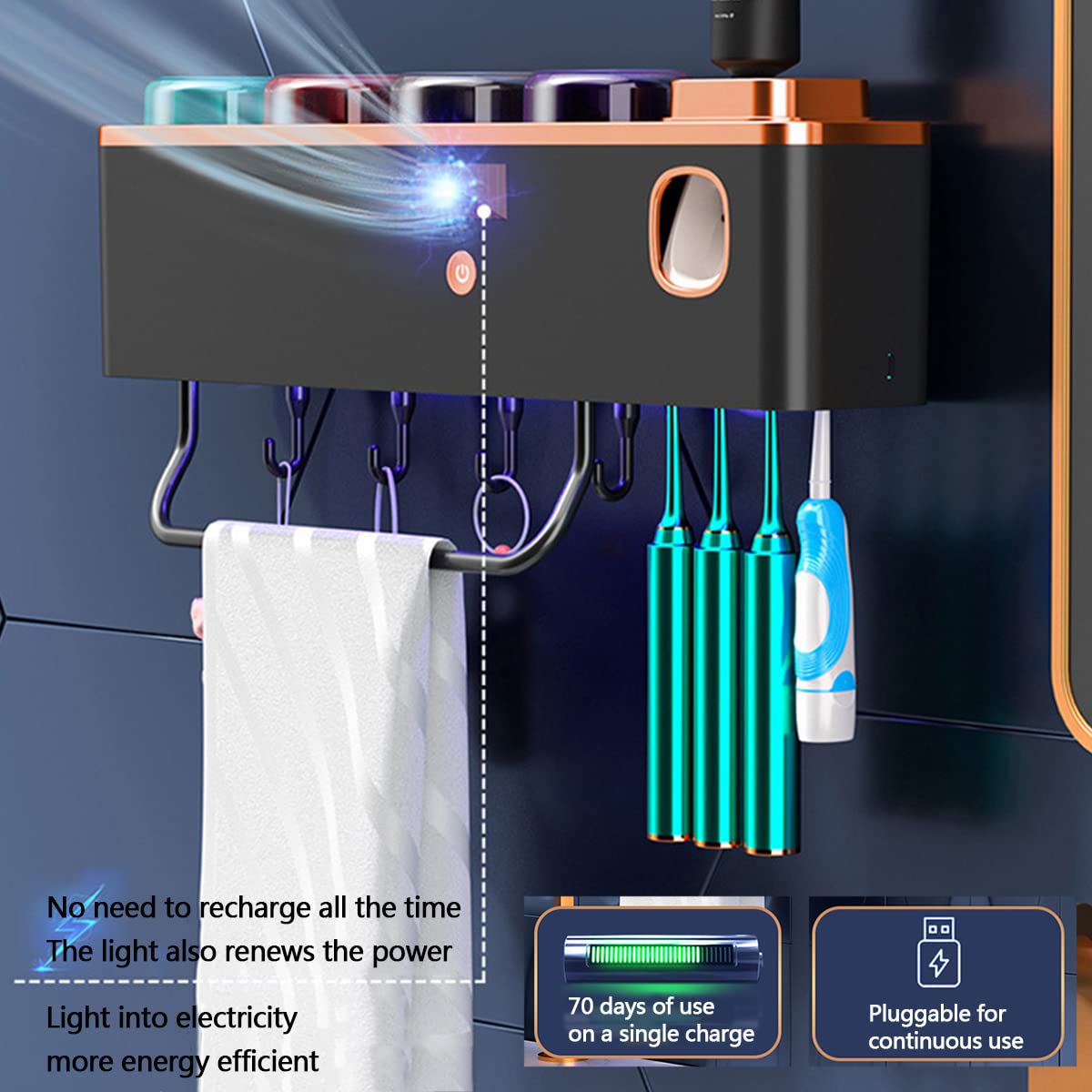 LANMOU Portacepillos de Dientes Pared, Soporte Cepillo de Dientes Esterilizador UV con Dispensador de Pasta de Dientes, Cajón de Almacenamiento de Cosméticos y USB Recargable, Sin Taladro