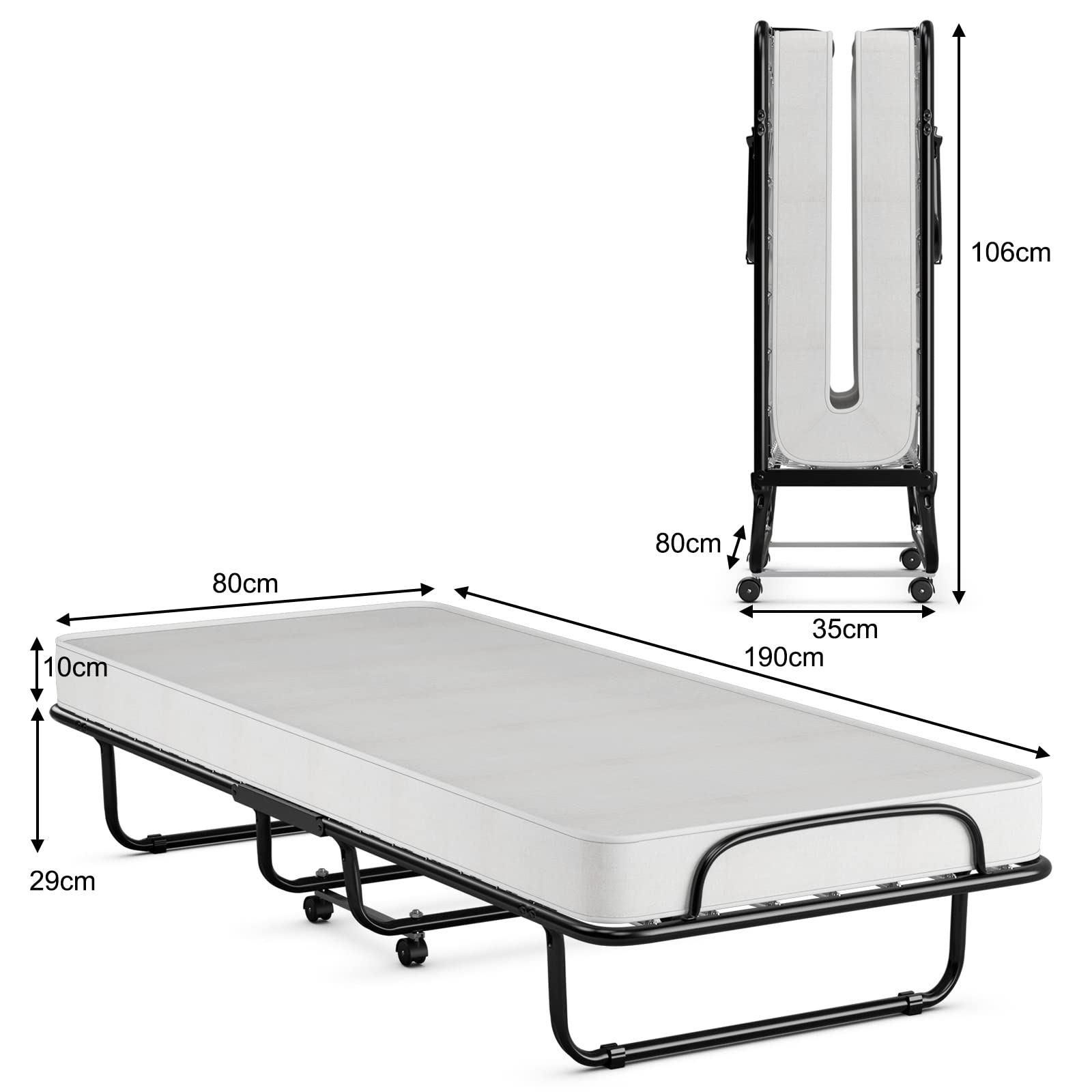 LIFEZEAL Opklapbed, opklapbaar logeerbed met metalen frame, opvouwbaar eenpersoonsbed met memory foam matras, volwassen metalen bed op 4 wielen (wit, 190 x 80 x 39 cm LIFEZEAL Opklapbed, opklapbaar logeerbed met metalen frame, opvouwbaar eenpersoonsbed met memory foam matras, volwassen metalen bed op 4 wielen (wit, 190 x 80 x 39 cm