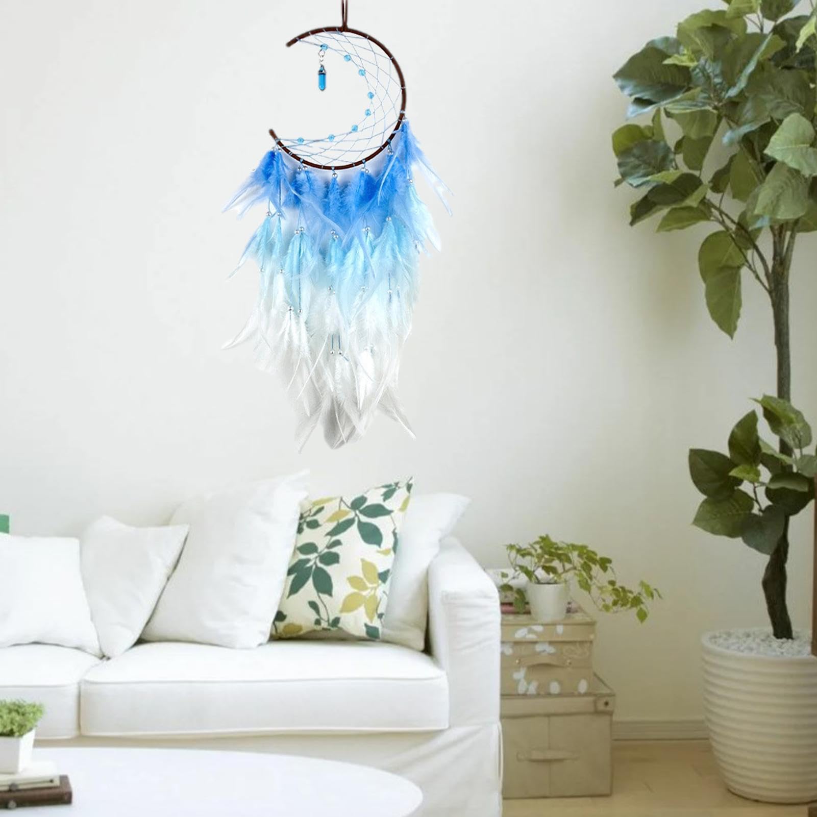 Acchiappasogni Fatto A Mano Con Piume E Perline Luminose, Decorazione Da Parete Blu