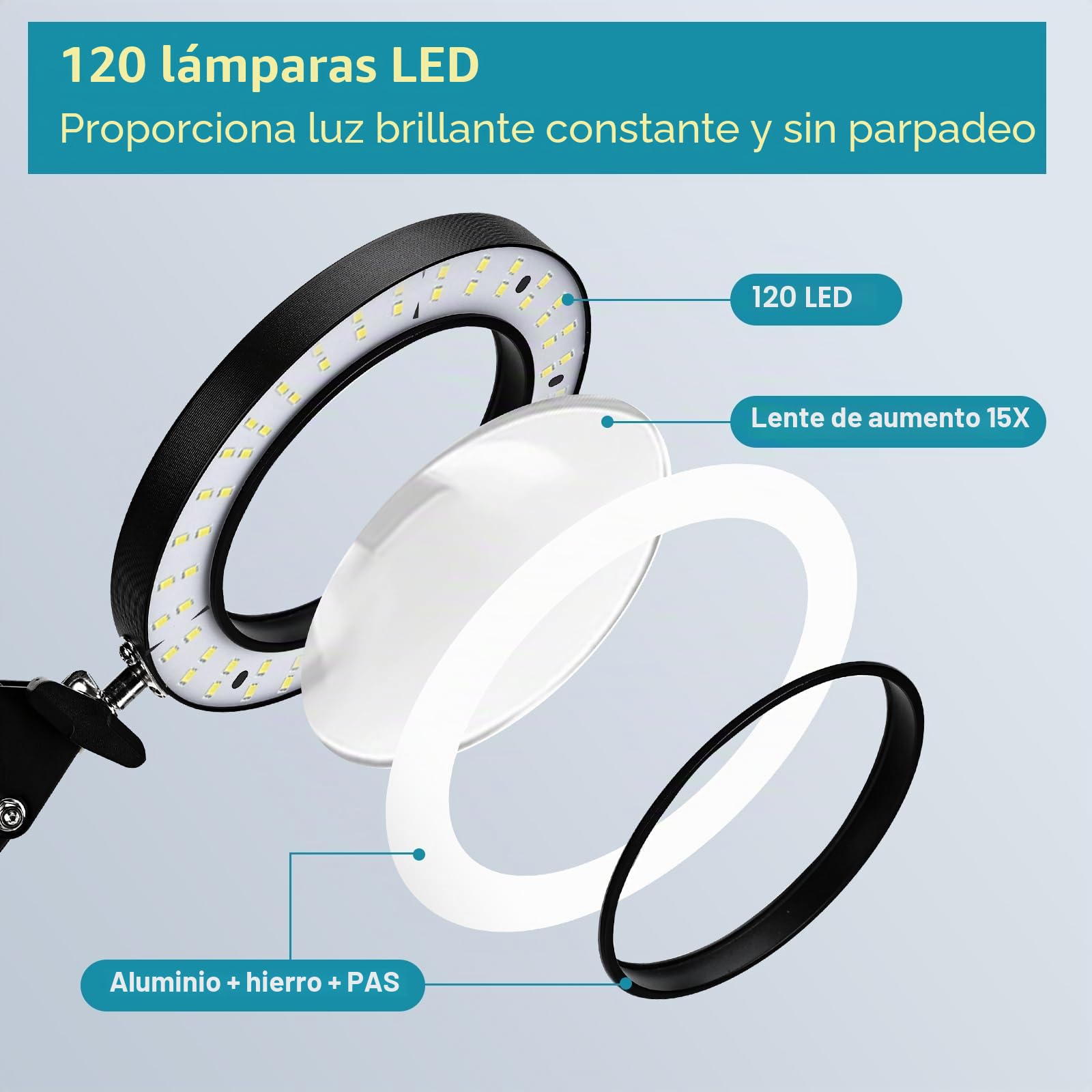 Lupa 15X con luz y soporte | 3 modos de color, lámpara de lupa con luz LED, para leer, pasatiempos, manualidades, costura, para personas mayores