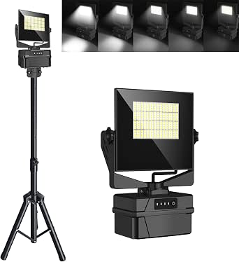 Rechargeable LED Work Light with Tripod Stand, 10000 Lumens, 5000K Daylight White, Dimmable, Long-Lasting Battery