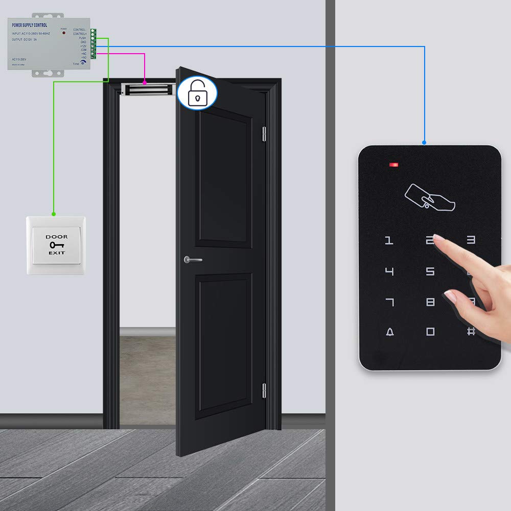 Dongyang Kit de système de contrôle d'accès de Porte avec Clavier RFID 180 kg Serrure magnétique + Source d'alimentation + 10 pièces de Porte-clés Set Complet