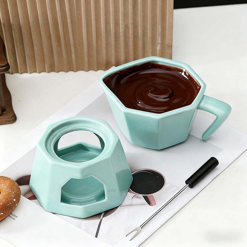 Fonduta Cioccolato, Pentola per Fonduta di Cioccolato al Burro in Ceramica, Set Casa con Candela da tè 300 ml con 1 Forchette per Formaggio, Verde (Verde)
