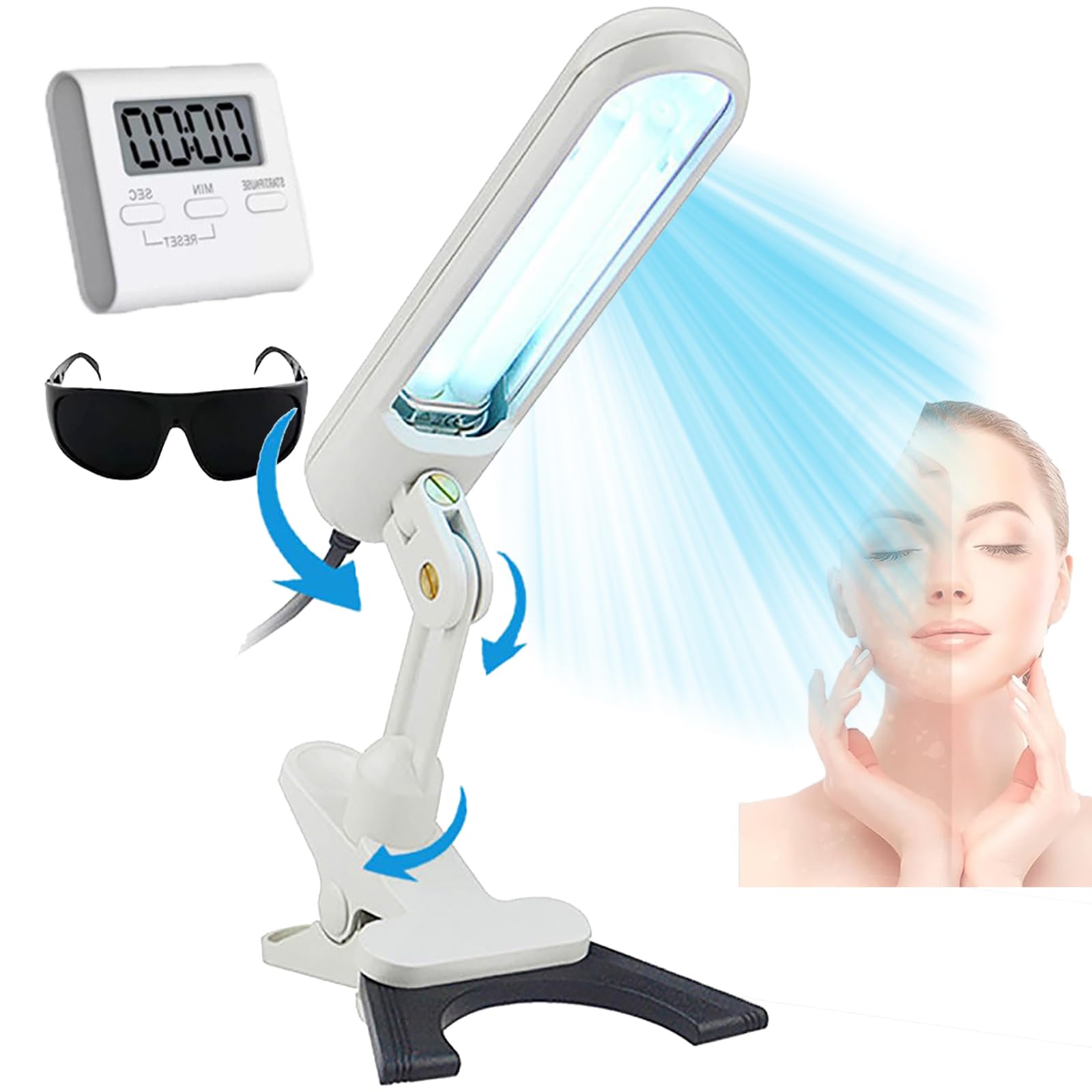 Lampe de photothérapie UVB pour la peau et le corps – Lampe de traitement à domicile à clipser avec minuteur Couverture de 48 cm² Comprend des lunettes – Design portable sûr et facile