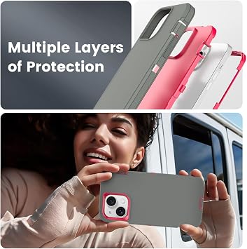 iPhone 15用ケース、二層耐衝撃フルボディカバー ミリタリーグレード 落下保護 高耐久電話ケース Apple Phone 15/14/13 6.1インチ用 グレー/ローズ