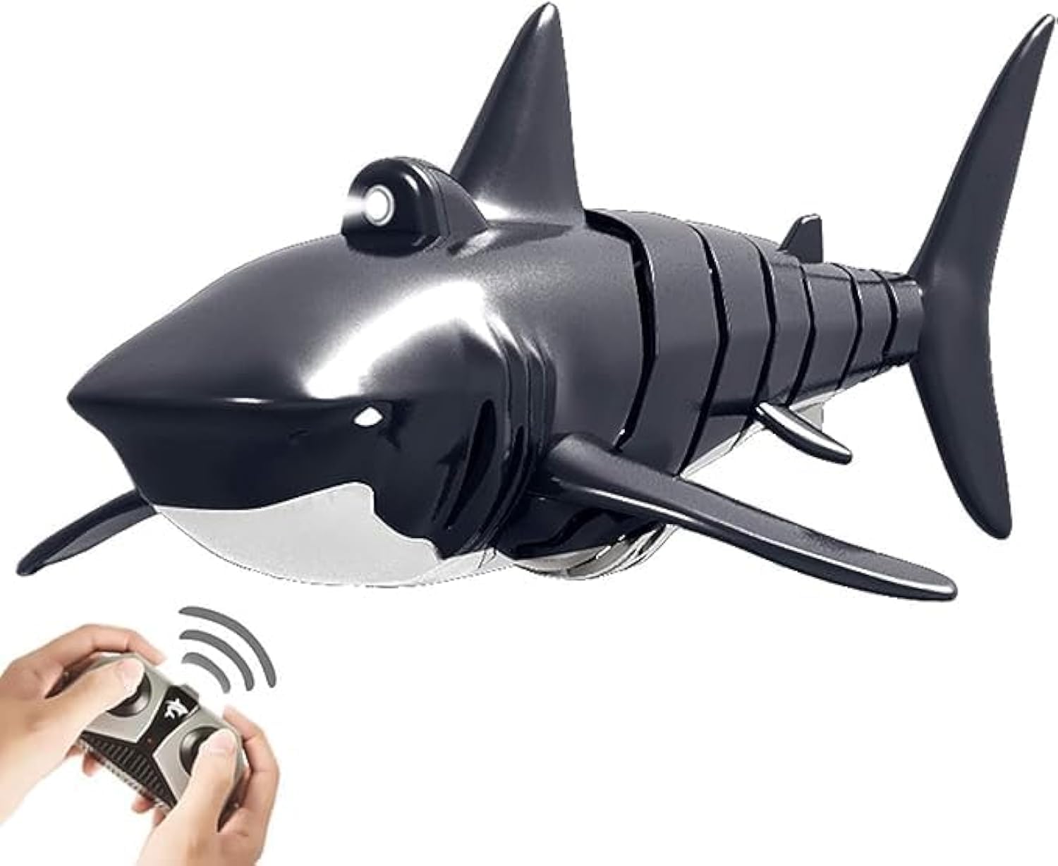 Remote Control Shark Boat Toy, 2.4G Remote Control High Simulation RC Flexible Shark Toy with Light & Spray Water Underwater simulation fish (Blue）