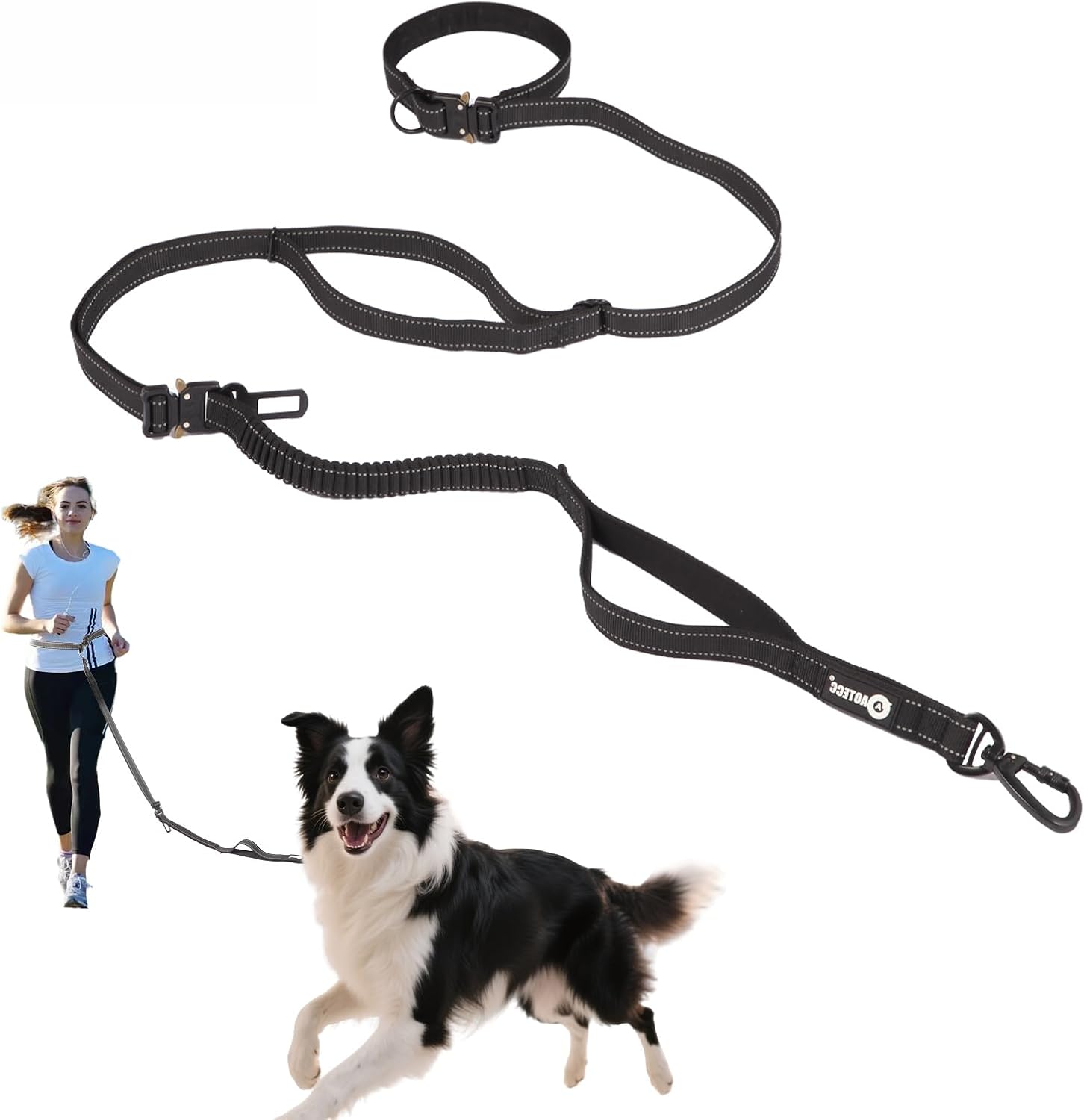 Hands Free Dog Leash with Waist Belt, Shock Absorbing Bungee Lead | Reflective Padded Handle | Walking Jogging Running Leash with Car Safety Buckle, 6.3-9.7Ft