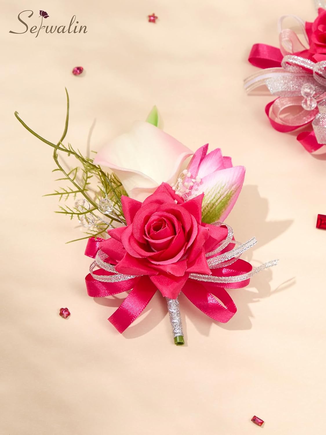 Serwalin Hot Pink Prom Corsage and Boutonniere Set, Artificial Calla Lily & Rose Wrist Corsage Wristlet for Homecoming, Formal Dance, Wedding Flowers Accessories Party Suit Decorations