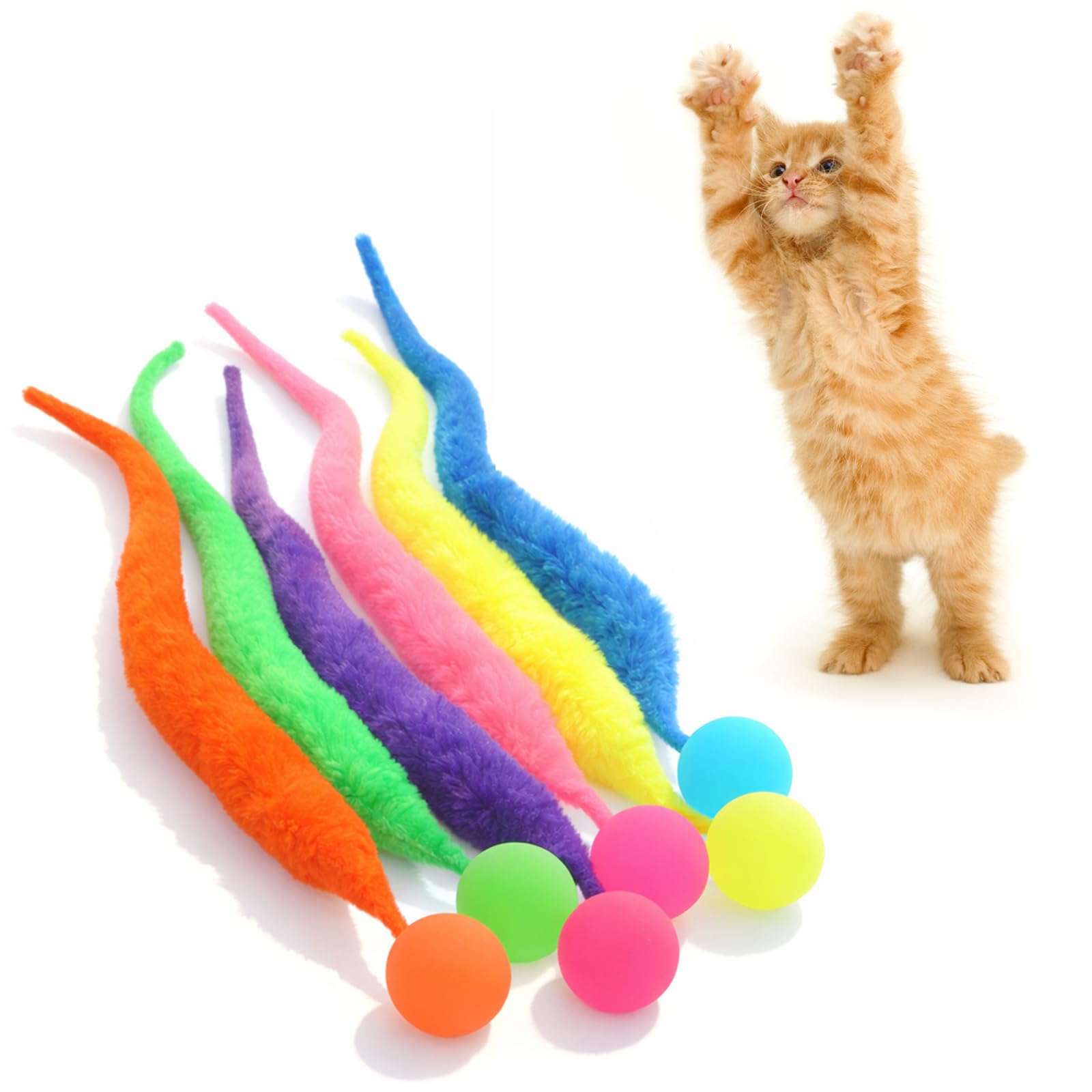 Xosjska 6 PCS Bouncy Balls Toy with Tail for Cats, Colorful Large Cat Bouncy Ball, Twisty Fuzzy Worms with Fluorescent Cat Ball Toy, Bouncys Glow Balls Bouncys Tails Toys for Cats Party Favors