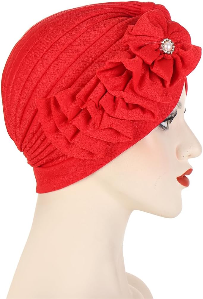 Flower Turban Hats for Women - Ruffle Bead Stretch Solid Caps Chemo Cancer Pre Tied Headscarf Headwear