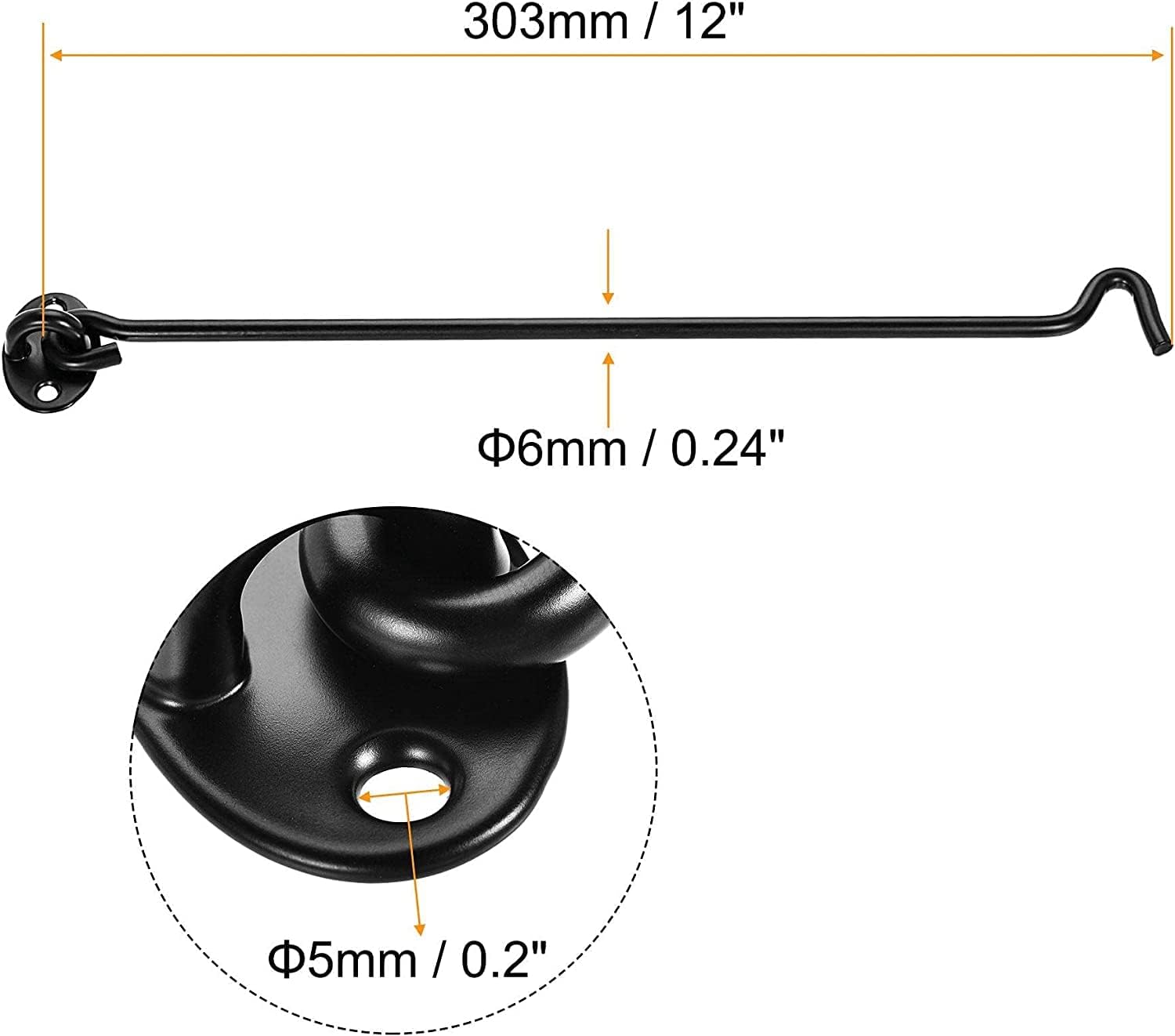 Hook and Eye Latch Gate Bolt Gate Hook Lock,12" Cabin Hook Latch Gate Door Swivel Window Hook 201 with Screws Black 2pcs Latch