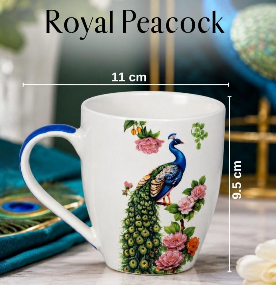 Image of Alive Royal Peacock Printed Tea /Coffee Mugs Set of 2 to Gift to Best Friends, Coffee Mugs, Microwave Safe Ceramic Mugs,(260 ml Each)