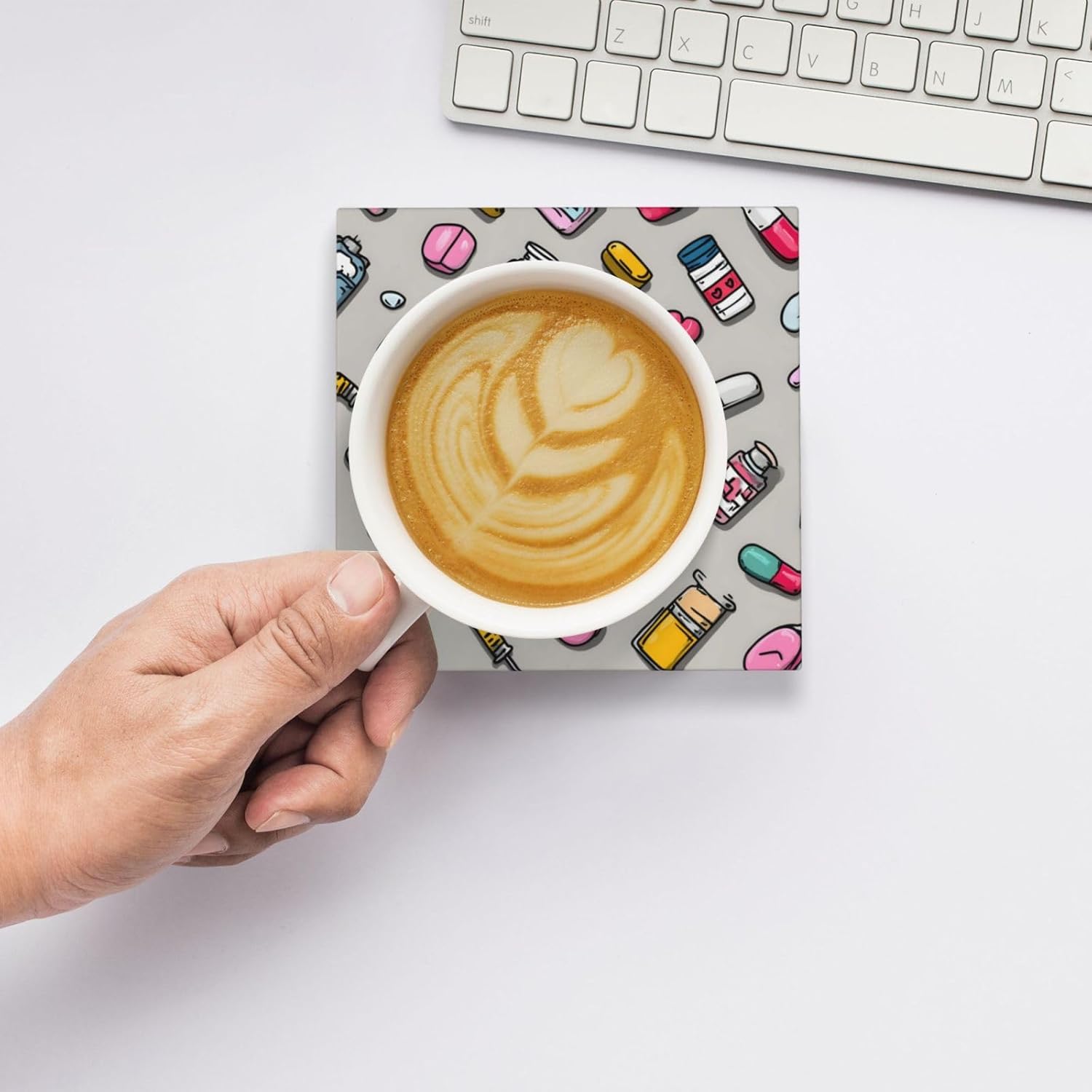 (Cartoon_Medicine_Pattern_1) Ceramic Coasters Set of 6 with Holder Non-Slip Square Coffee Coasters for for Cup Mug Drink Patio Coffee Table Decor, Christmas Coasters Home Bar Supplies