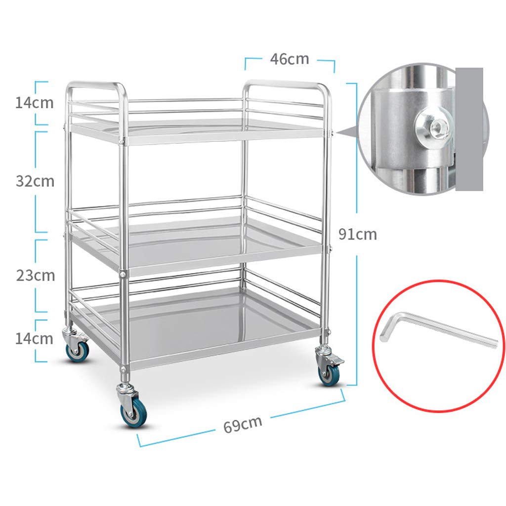 Carrello per cosmetici a 3 piani con ruote con freno universale, in acciaio inox I Carrello multiuso e struttura in metallo I Carrello da trasporto(Acciaio inossidabile anti-iodio 304-M-69*46*91CM