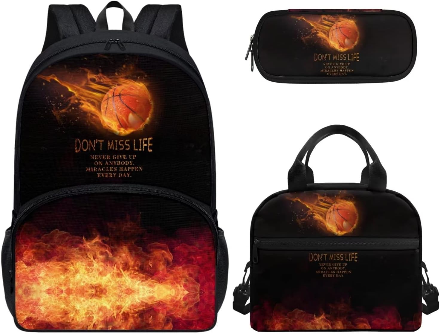 Agoviwo Fiery Basketball Print Girls School Backpack Set 3PCS Kids Book Bag, Lunch Box and Pencil Case