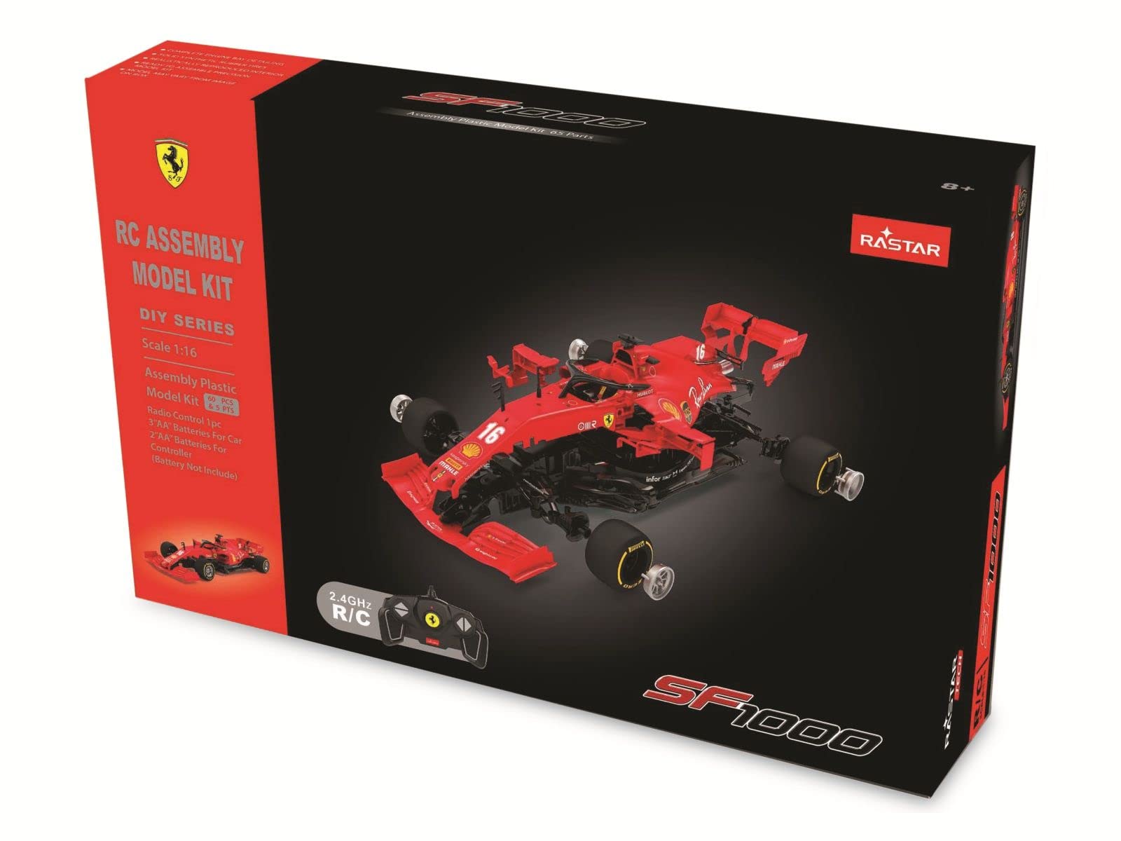Ferrari SF 1000 1:16, 2,4 GHz zestaw do montażu – części są nakładane, nie są wymagane żadne narzędzia ani klejenie, wierne odwzorowanie szczegółów, otwieranie drzwi ręcznie