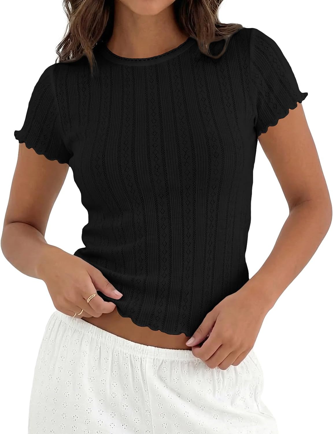 Cioatin Women Cute Y2K Pointelle Knit Crop Tops Short Sleeve Picot Crewneck Tshirt Lettuce Slim Fit Summer Tee Going Out
