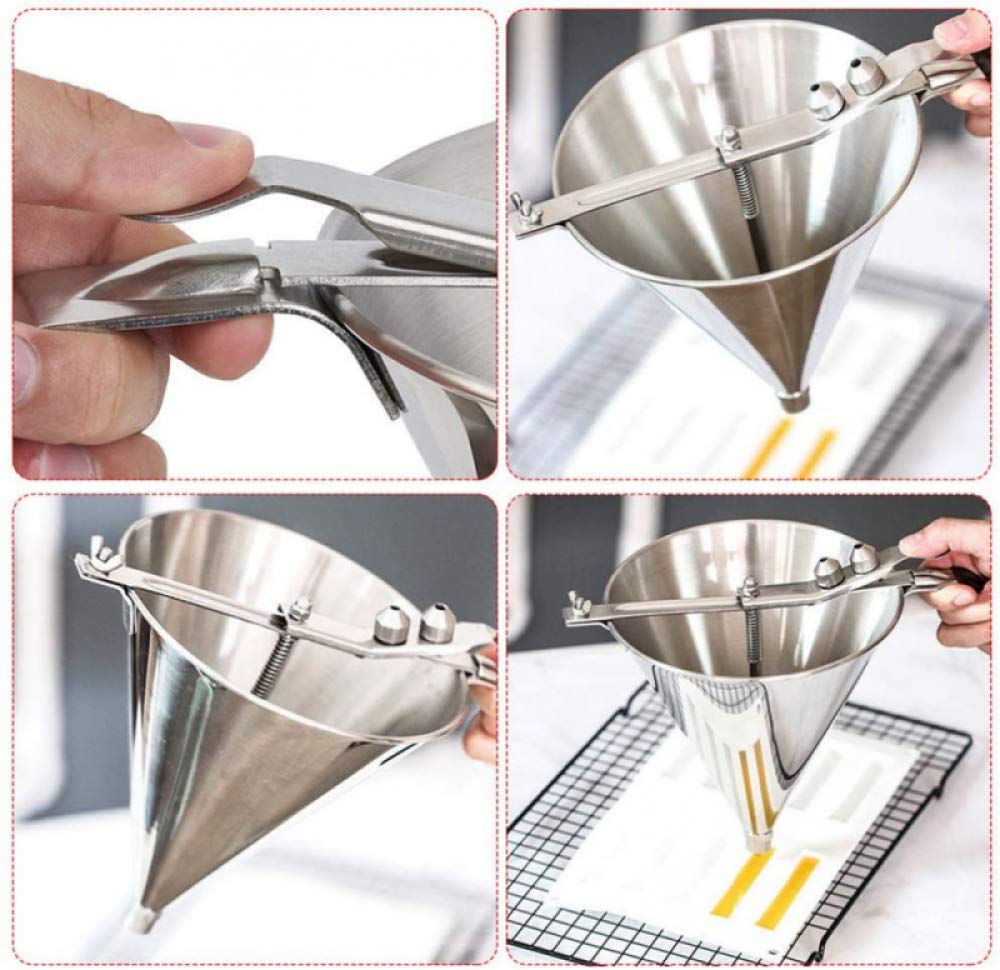 Embudo de confitería con tres boquillas y soporte, herramienta de decoración de pasteles de acero inoxidable 304 de grado alimenticio Embudo de pistón de panadería