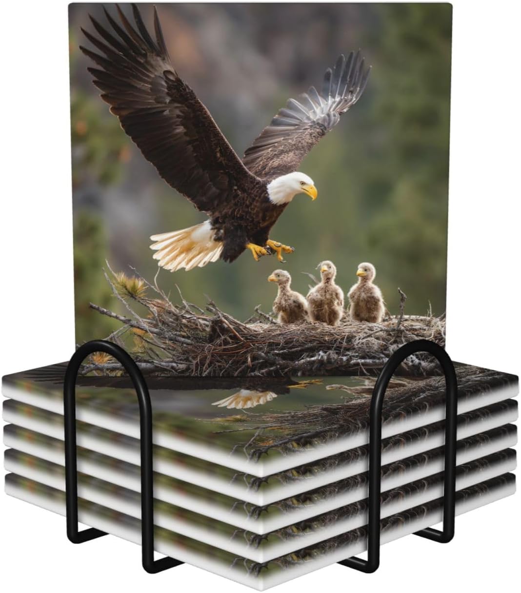 (Eagle Catches Chicks) Ceramic Coasters Set of 6 with Holder Non-Slip Square Coffee Coasters for for Cup Mug Drink Patio Coffee Table Decor, Christmas Coasters Home Bar Supplies