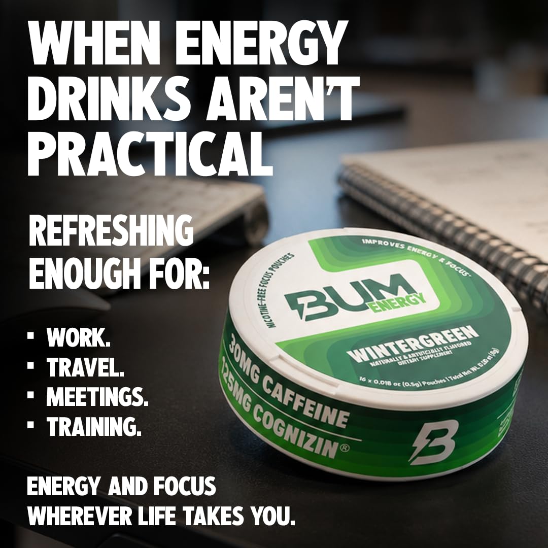 Bum Energy Pouches, Wintergreen, 30mg Caffeine + 125mg Cognizin Citicoline, Clean Energy & Focus, Discreet Oral Energy Pouches, 5 Packs of 16 Count — Amazon image 8