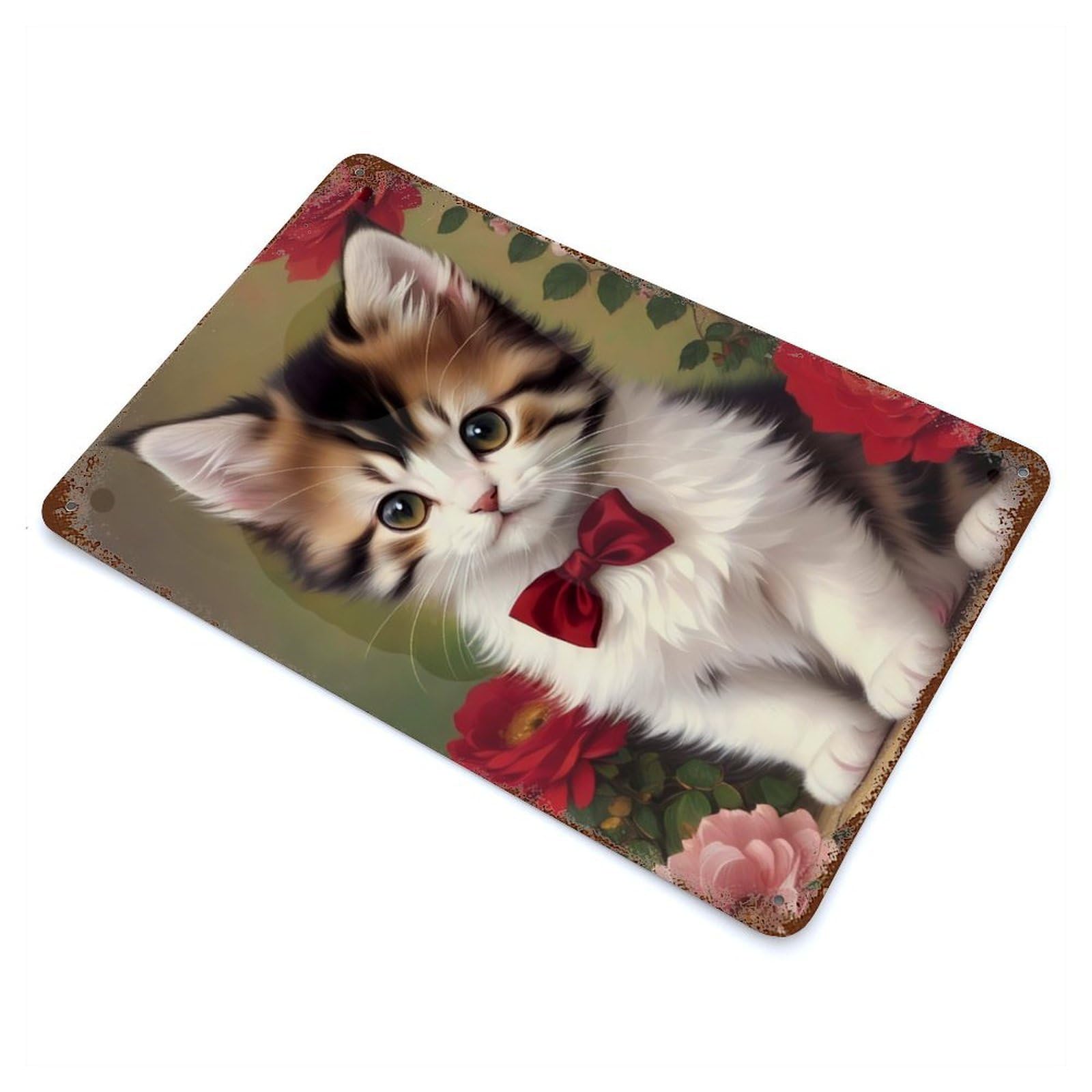 Cute Kitten Wearing A Bow Aged Metal Wall Plaque 11.8"x7.9", Industrial Home Decor for Pub, Kitchen And Man Cave Decor