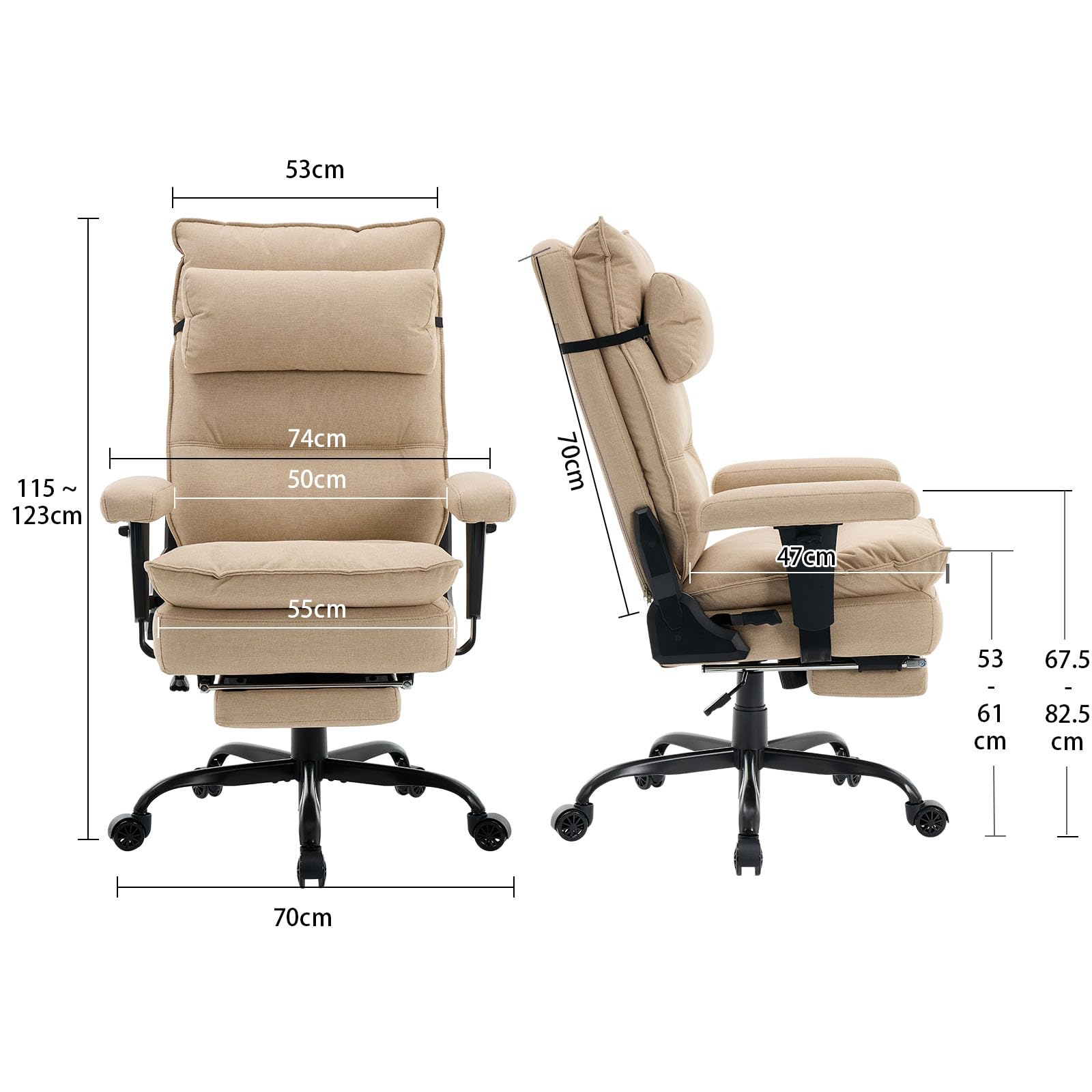 EXCEBET Bürostuhl mit Taschenfederkern, Ergonomischer Chefsessel aus Stoff mit Fußstütze, 155°Verstellbarer Schreibtischstuhl, Hoher Computerstuhl bis 180 kg, Breiter Sitz für Schneidersitz (Beige)