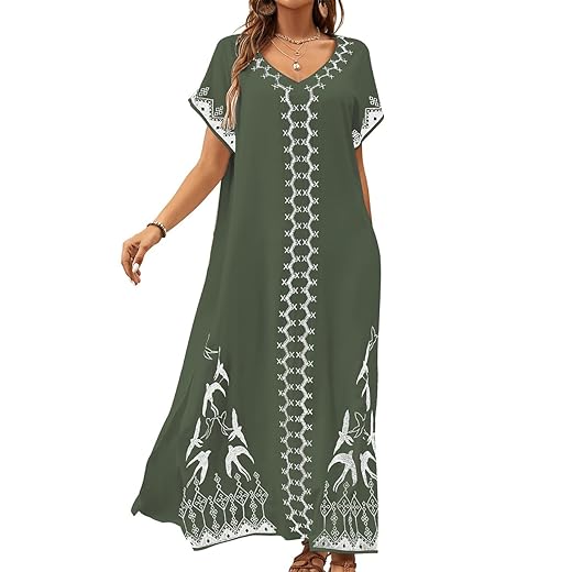 Bsubseach Kaftan Dresses for Women Swimsuit Coverup Beach Caftans Cover Ups for Swimwear Loungewear Bird Embroidery