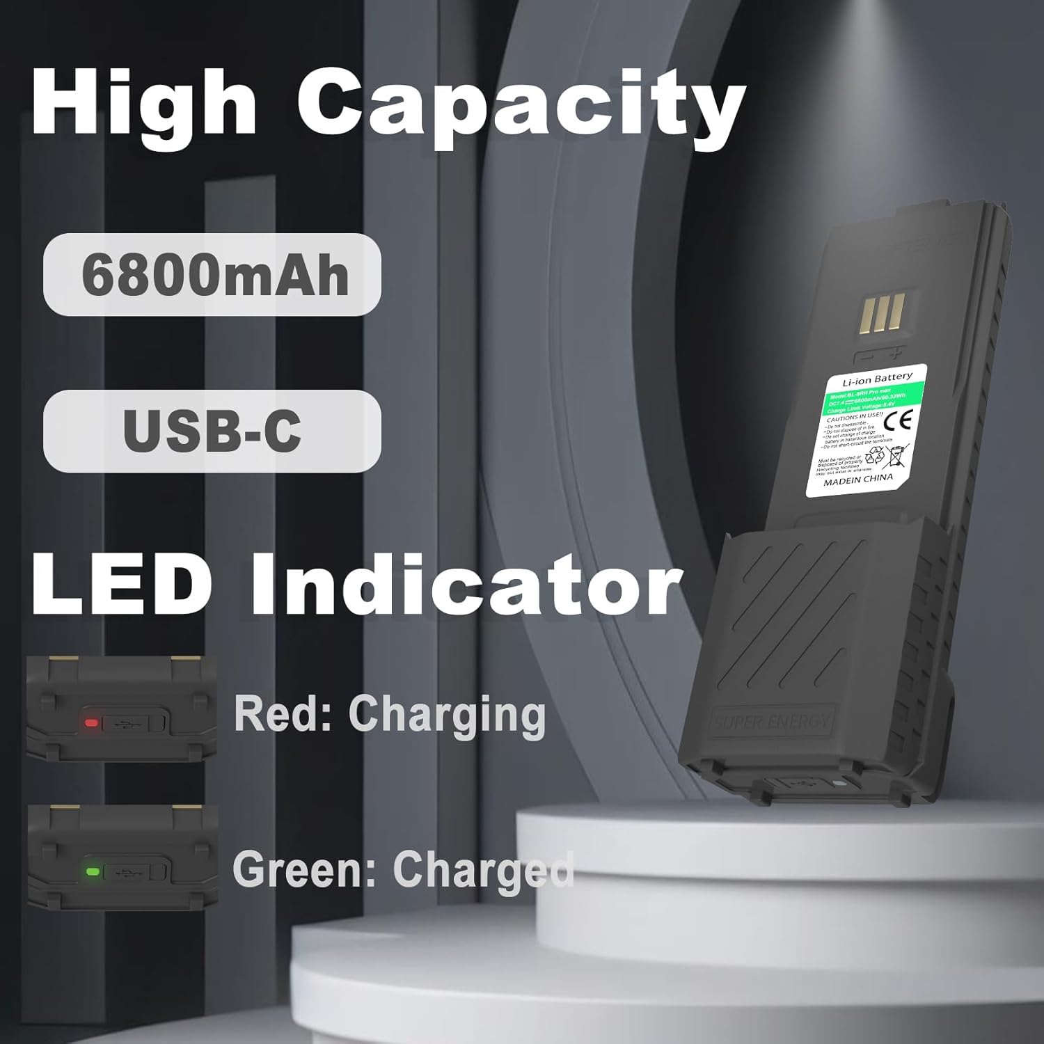 BAOFENG UV-5RM Plus 6800mAh Battery Two Way Radio USB-C Charging 7.4V Extended Battery Compatible for GM-5RH/UV-5G Plus GMRS/UV-5RM (2 Packs 6800mAh)