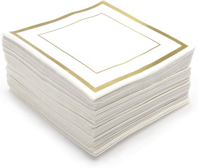 GLAM Cocktail Napkins Gold Trim, 100 Pack 5x5 Wedding