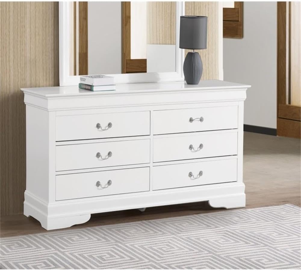 White Double Dresser with Dovetail Drawers and Carved Base