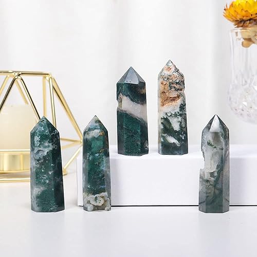 Miniatura 5 de Torre de cristal curativo de ágata acuática de 2.36 a 2.75 pulgadas, ágata verde de agua natural, 6 chakras facetados de un solo punto