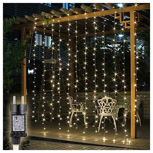 SALCAR 3 * 3 M 300 LEDs Guirlande Lumière Coloré de Noël LED, 8 Effets d'Eclairage, Lumière de Rideau pour Intérieur Extérieur Décoration Chambre Fenetre Fêtes Party Mariage (Blanc Chaud)