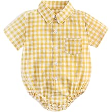 Baby Button Down Shirt, Gingham Plaid Short Sleeve Shirt Style Bodysuit, 0-3 Years