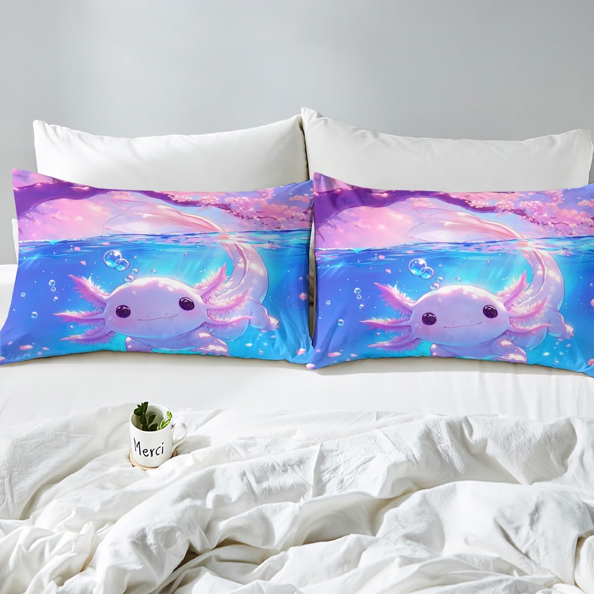 Homemissing Kids Cute Axolotl Bedding Set Single Size Cherry Flower Comforter Cover Set for Boys Girls Cartoon Salamander Duvet Cover Bedspread Cover Room Decor Quilt Cover,No Stuffing - Image 4