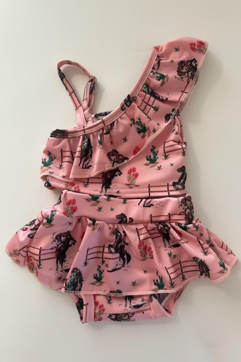 Girls Pink Cowgirl Swimsuit Skirted Tankini – Vintage Western Bronc Riding Print Toddler Baby Girls Two Piece Swimwear
