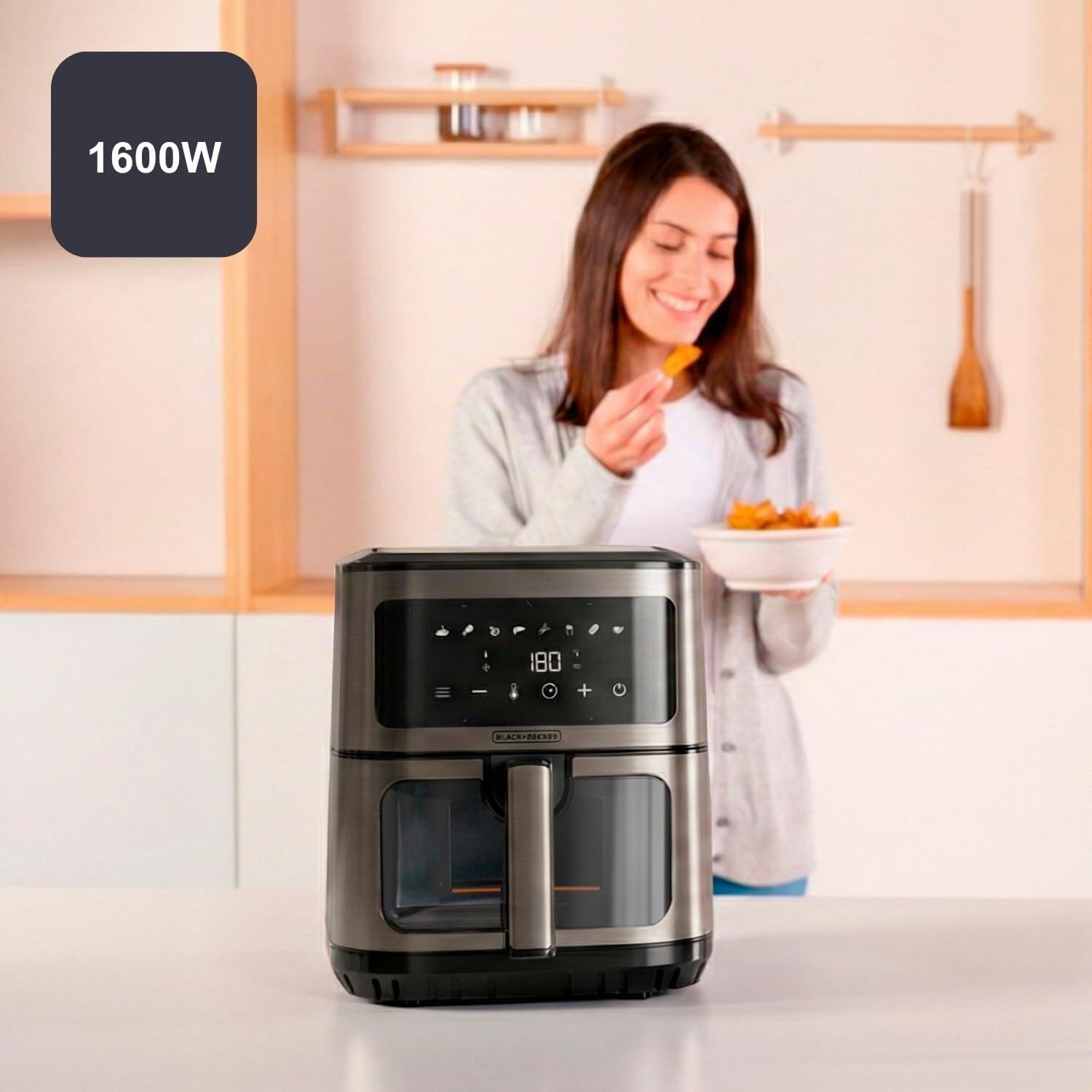 Black+Decker – Friggitrice ad aria senza olio BXAF2501E | 1600 W | 6,5 L | 8 programmi | Display touch | Temperatura 80–200 °C | Finestra di controllo | Cottura uniforme | Timer | Avvisatore acustico