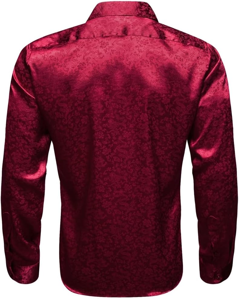 Men Silk Satin Embroidered Long Sleeve Red Flower Male Blouses Casual Lapel Tops