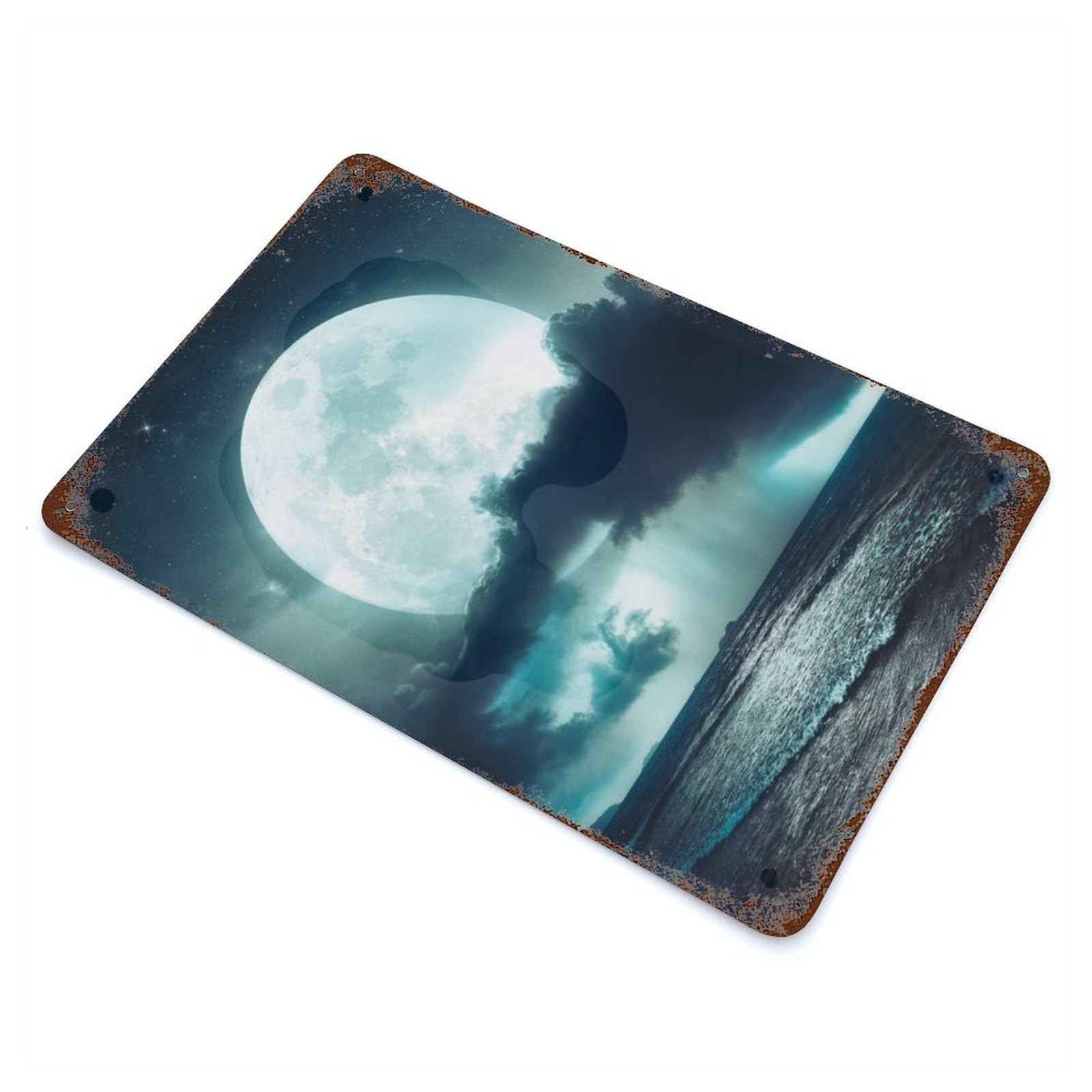 Rustic Tin Plaque with Moon Storm Design 11.8"x7.9", for Pub, Kitchen And Man Cave Decor, Old School Wall Decor