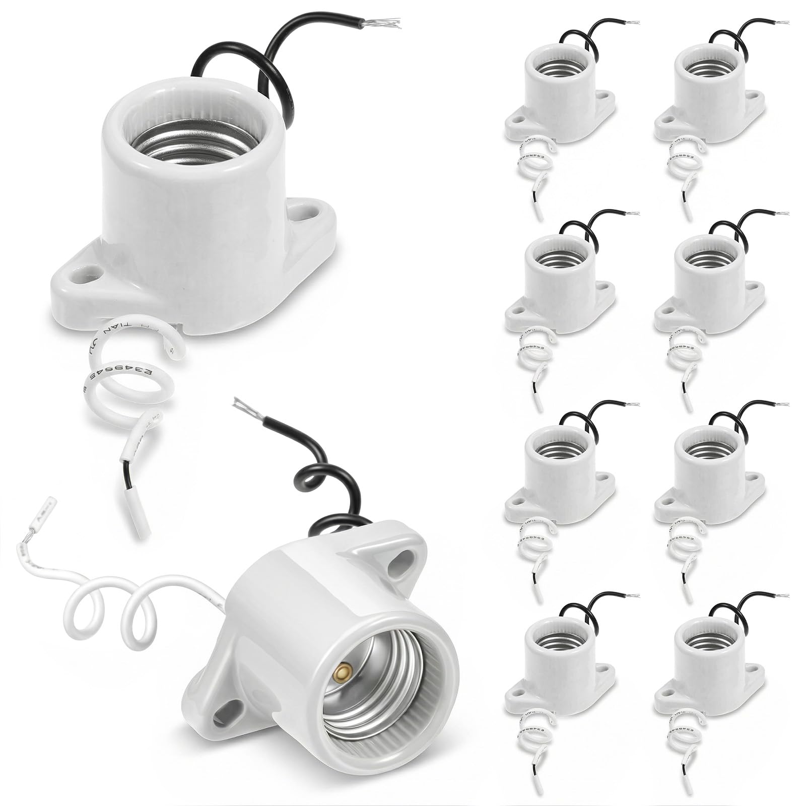 Photo 1 of 10 Pcs E26 Light Socket Porcelain Lamp Holder Socket Medium Keyless Threaded Base with Two Hole Flange Mounting and 6" Wire Indoor Garage Closet Lighting