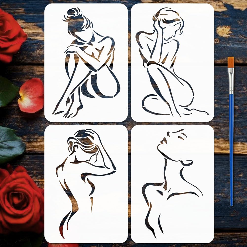 FINGERINSPIRE 4Pcs Line Woman Stencils with Paintbrush, 29.7x21cm 4 Styles Female Figure with Lines Stencil Reusable Women Theme Stencils for Painting on Wood Wall Fabrics Furniture Card Canvas