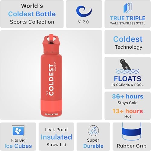 Miniatura 124 de Coldest - Botella de agua deportiva con tapa con popote y asa, a prueba de fugas, de acero inoxidable con aislamiento al vacío de doble pared,