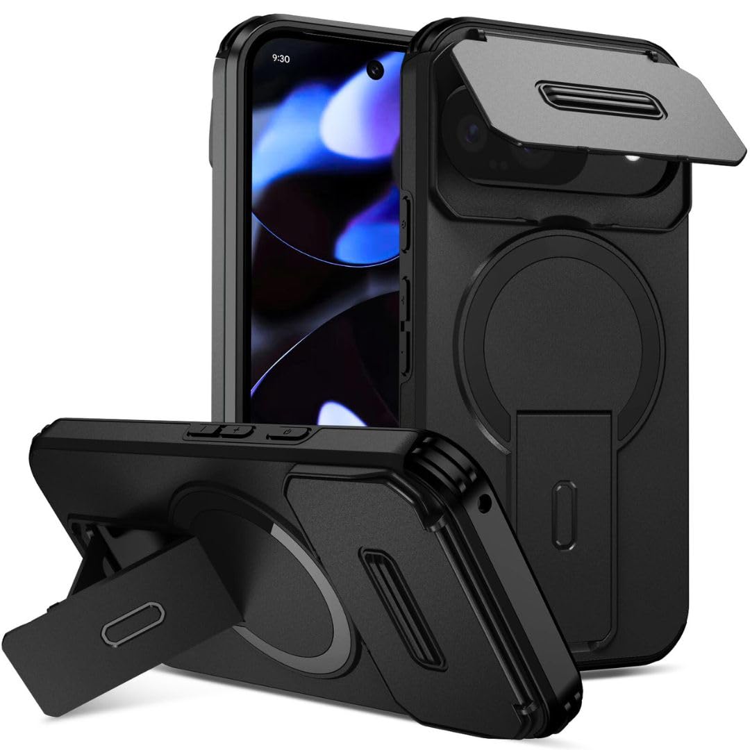 ShieldTech MagStand Series Case for Google Pixel 10 | Mobile Phone Cover with flip-up Camera Cover, MagSafe, Kickstand, Shockproof for Google Pixel 10 – Black