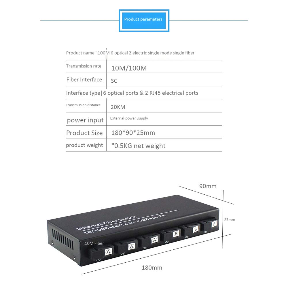 Commutateur Fast Ethernet 10 / 100M Convertir 20KM Convertisseur de MéDia à Fibre Optique en Mode Unique 2XRJ45 et 6XSC 3A3B-EU Plug