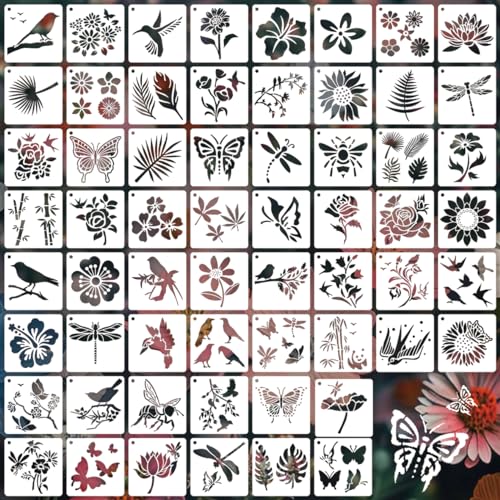 60 Pieces Stencils for Painting on Wood Small Reusable Stencil Flower Platnt Animal Butterfly Bird Bee Themed DIY Craft Template Paint Stencils for Wall Home Decor 3 x 3 Inch