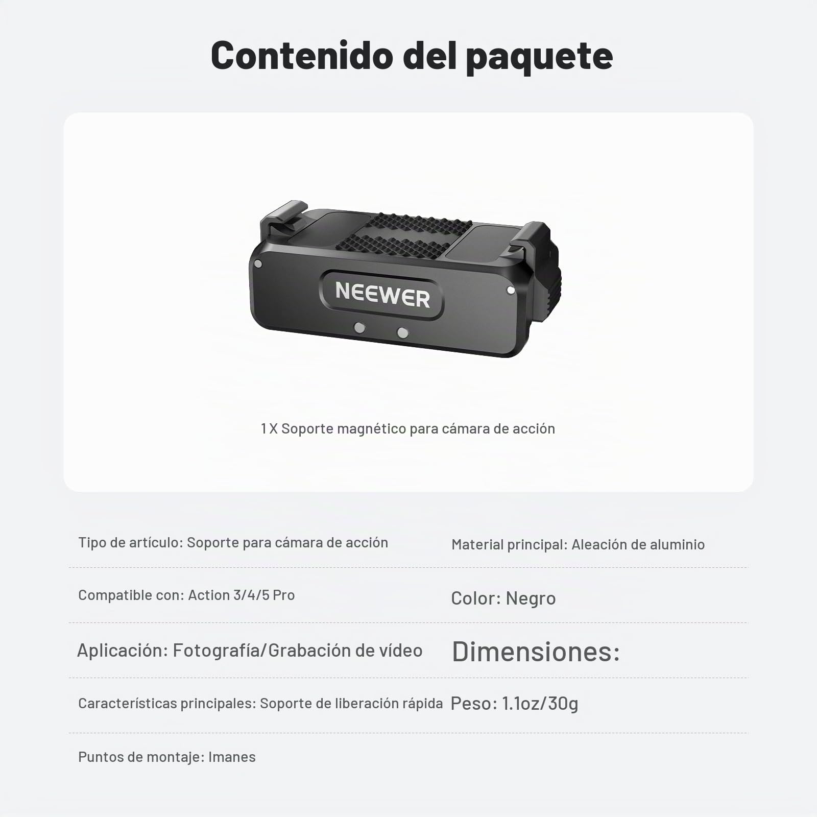 NEEWER Adaptador Montura Magnética Mejorado Compatible con dji Osmo 360/ Action 5 Pro/4/3, Montura Cámara Acción Liberación Rápida, Accesorios para Vlogs con Rosca de Trípode de 1/4", AC011