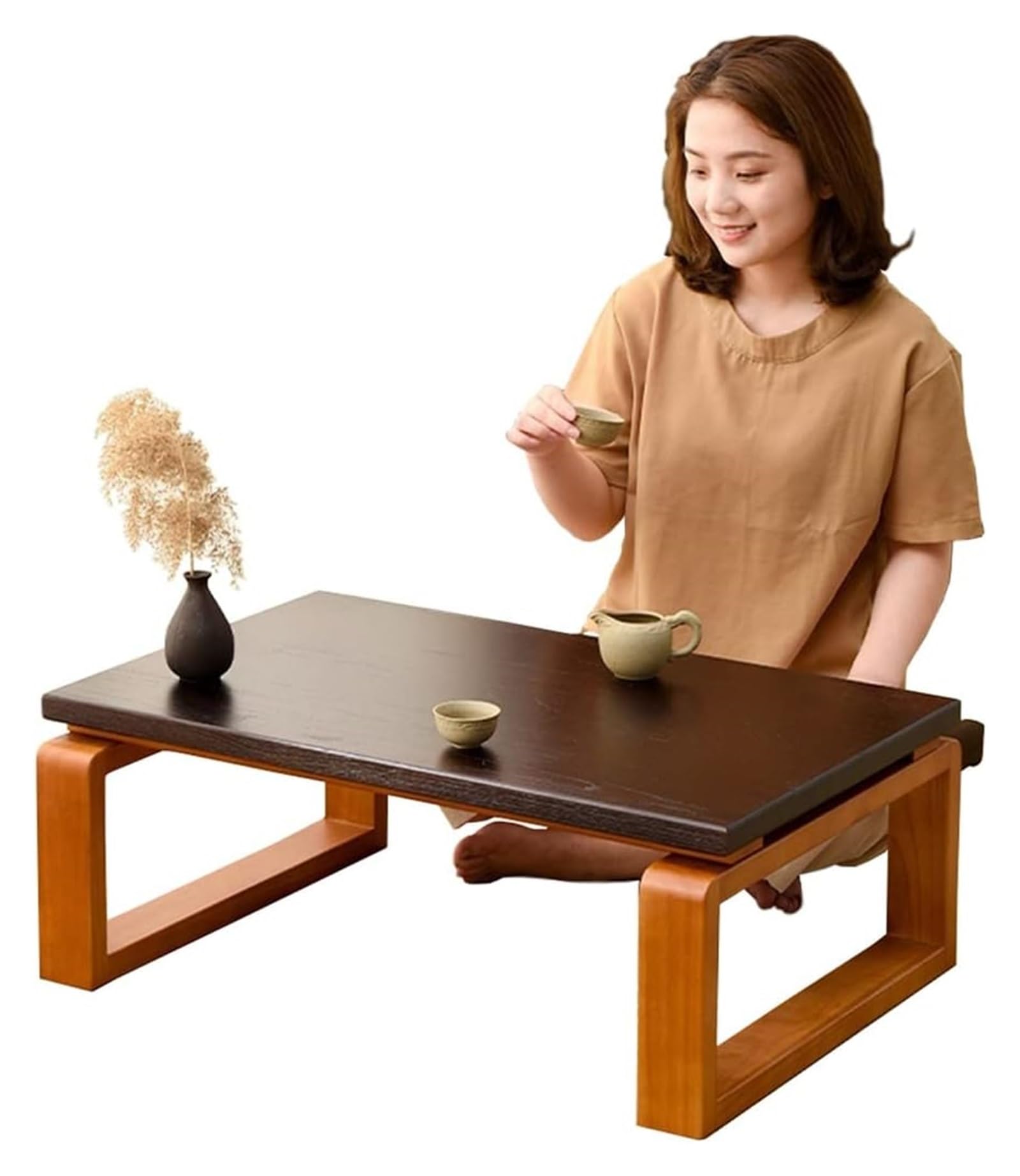 Table basse stable en bois vintage et finitions tatami marron foncé