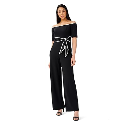 Adrianna Papell Off the Shoulder Knit Crepe Tie Waist Jumpsuit Women